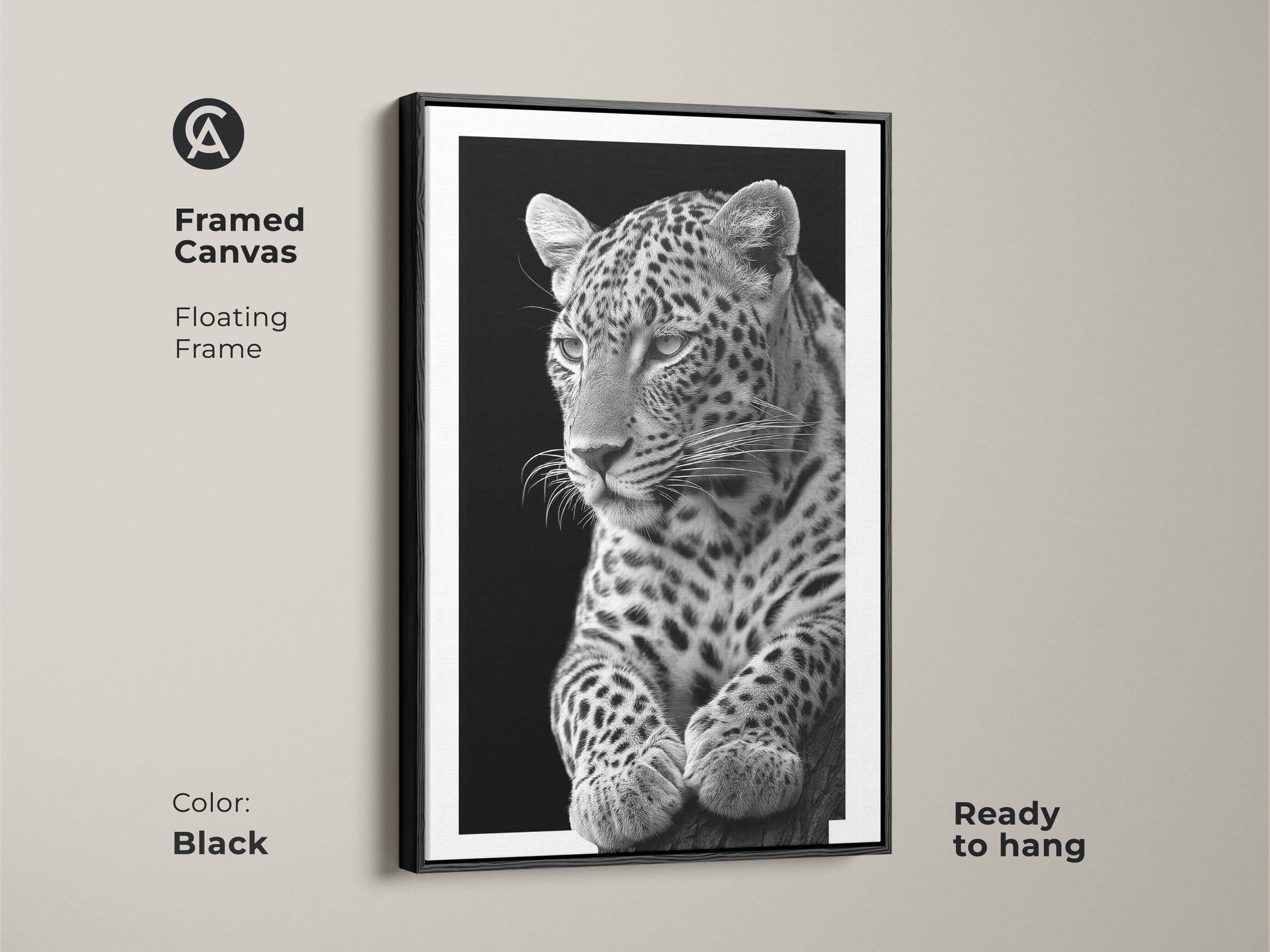 Black framed canvas featuring a monochrome leopard. The floating frame enhances the photorealistic wildlife art. Elevate your space with this animal lover gift. Shop now for modern animal artwork!