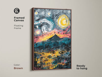 Framed canvas art print in a brown floating frame. The artwork shows a mountain under a starry sky. The canvas print is ready to hang. Shop brown framed canvas art prints now.