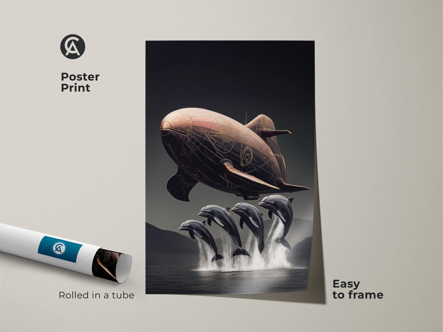 Framed canvas art showcases a steampunk airship and dolphins. This surreal fantasy artwork has a black floating frame. Ready to hang this copper brown artwork is perfect for an eclectic home and adds adventure to any room