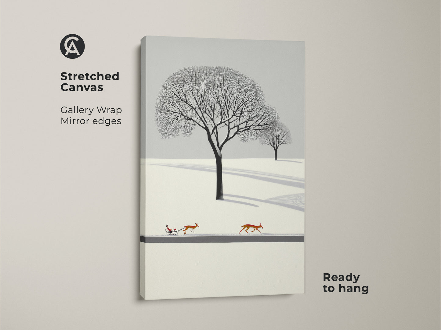 Stretched canvas of a minimalist winter landscape wall art. The art features deer pulling a sleigh. The Scandinavian nature artwork will create cozy bedroom wall decor. The Christmas gift is for nature lovers. This winter scene art print has a flat design. A snow landscape canvas in Nordic style home decor.