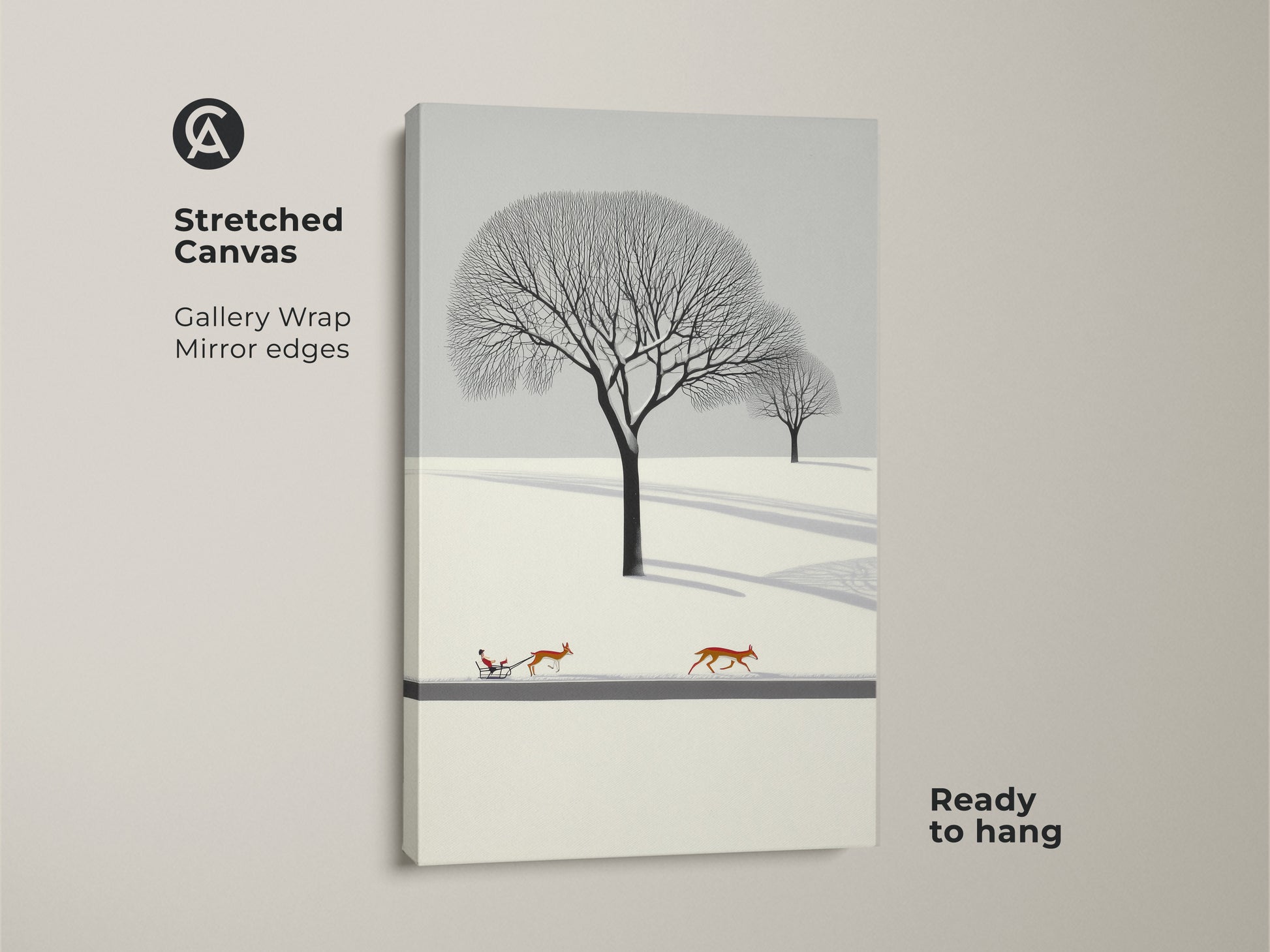 Stretched canvas of a minimalist winter landscape wall art. The art features deer pulling a sleigh. The Scandinavian nature artwork will create cozy bedroom wall decor. The Christmas gift is for nature lovers. This winter scene art print has a flat design. A snow landscape canvas in Nordic style home decor.