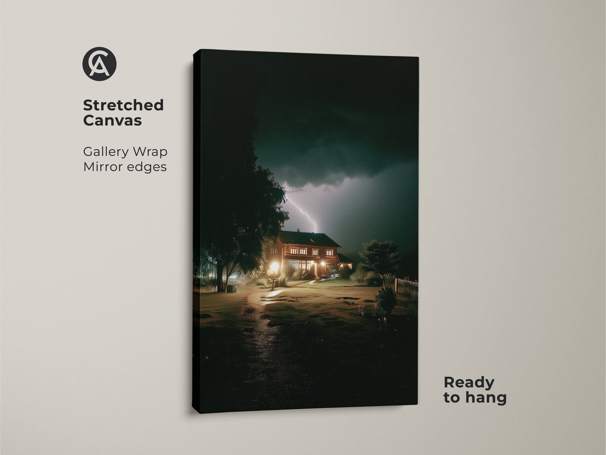 A stretched canvas print displays a dark blue landscape with a striking yellow lightning bolt. This atmospheric nature artwork is ready to hang. The gallery wrap gives mirror edges creating a modern home decor piece. Perfect as entryway housewarming gift