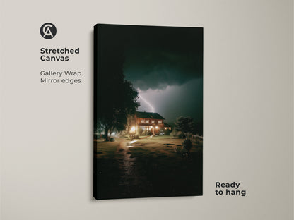 A stretched canvas print displays a dark blue landscape with a striking yellow lightning bolt. This atmospheric nature artwork is ready to hang. The gallery wrap gives mirror edges creating a modern home decor piece. Perfect as entryway housewarming gift