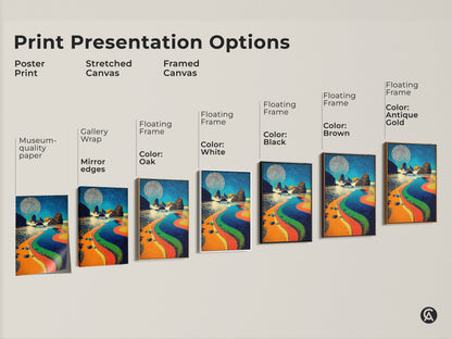 Sizing guide showcasing vertical abstract ocean artwork. Available in small medium and large sizes for canvas and poster prints. Sizes range from 8x12 to 45x67 inches. Find the perfect fit for your eclectic wall decor with this modern abstract painting.
