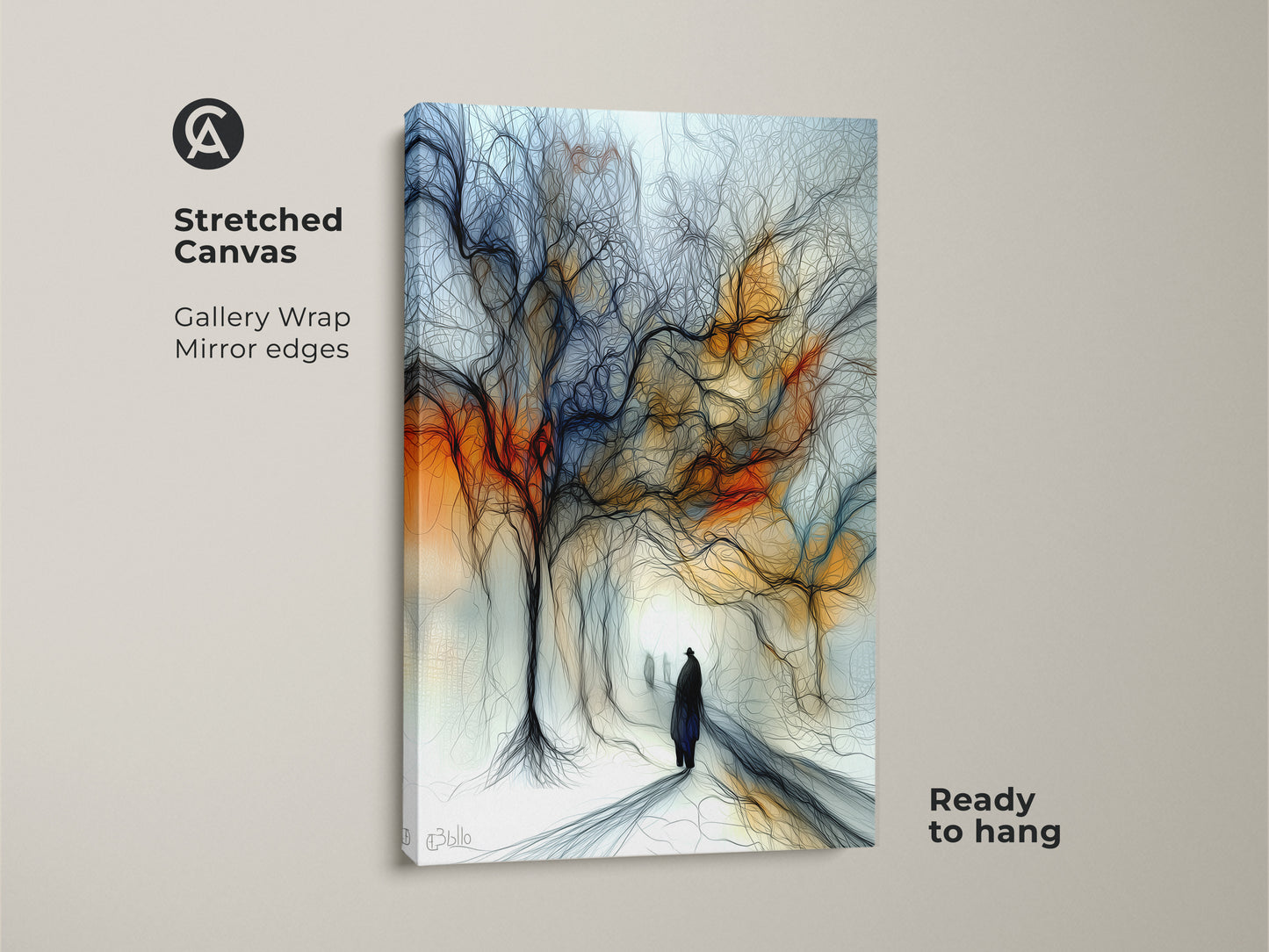 Stretched canvas print of an expressive tree landscape. The artwork features an abstract figurative figure. It has an orange and blue eclectic style. Ready to hang and great for art lovers.