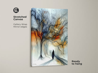 Stretched canvas print of an expressive tree landscape. The artwork features an abstract figurative figure. It has an orange and blue eclectic style. Ready to hang and great for art lovers.
