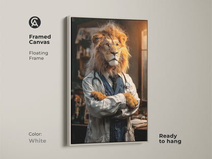 White framed canvas showing a lion doctor. This animal-themed wall art brings a touch of surrealism to any space. A great gift idea for doctors or medical professionals. Its unique style and is perfect as eclectic home accent.
