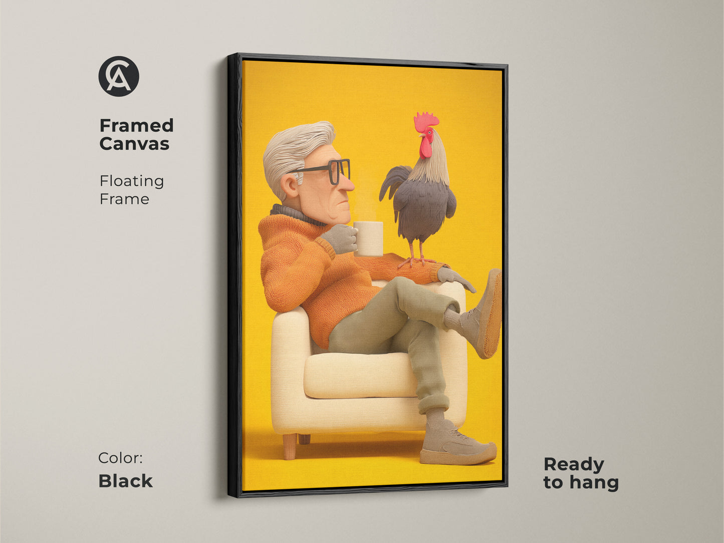 Framed canvas featuring a grandfather and rooster artwork. The floating frame is in black. This colorful animal art print is ready to hang. Beige and orange wall art for eclectic decor. A perfect gift for him birthday. This art enhances any space.