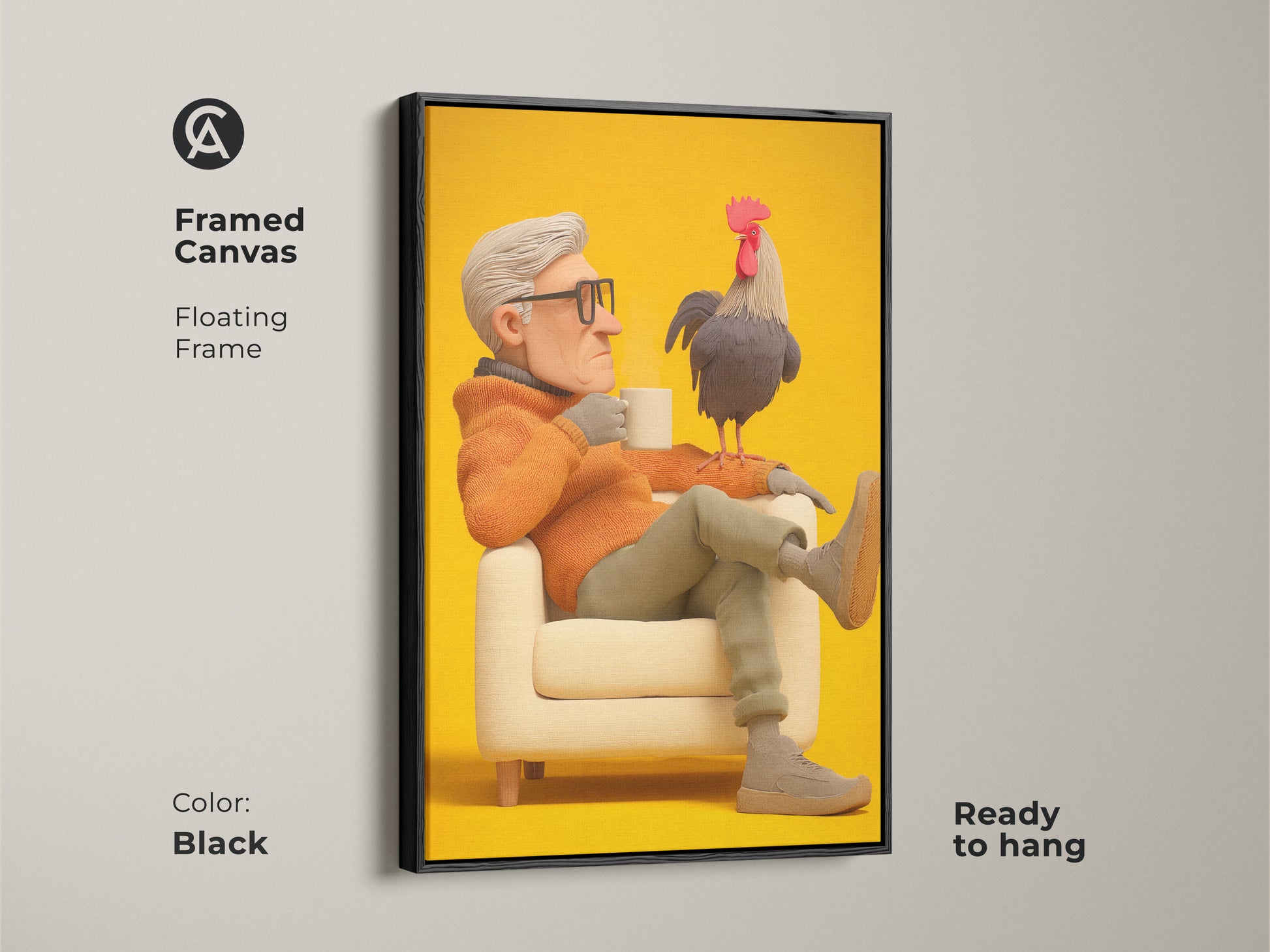 Framed canvas featuring a grandfather and rooster artwork. The floating frame is in black. This colorful animal art print is ready to hang. Beige and orange wall art for eclectic decor. A perfect gift for him birthday. This art enhances any space.