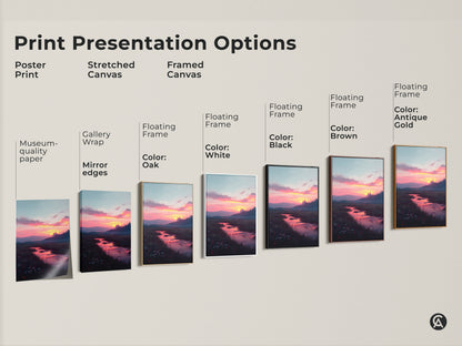 Explore print presentation options for sunset river landscape art. Choose from poster prints stretched canvas or framed canvas. Each option highlights the beautiful river landscape with a castle at sunset.