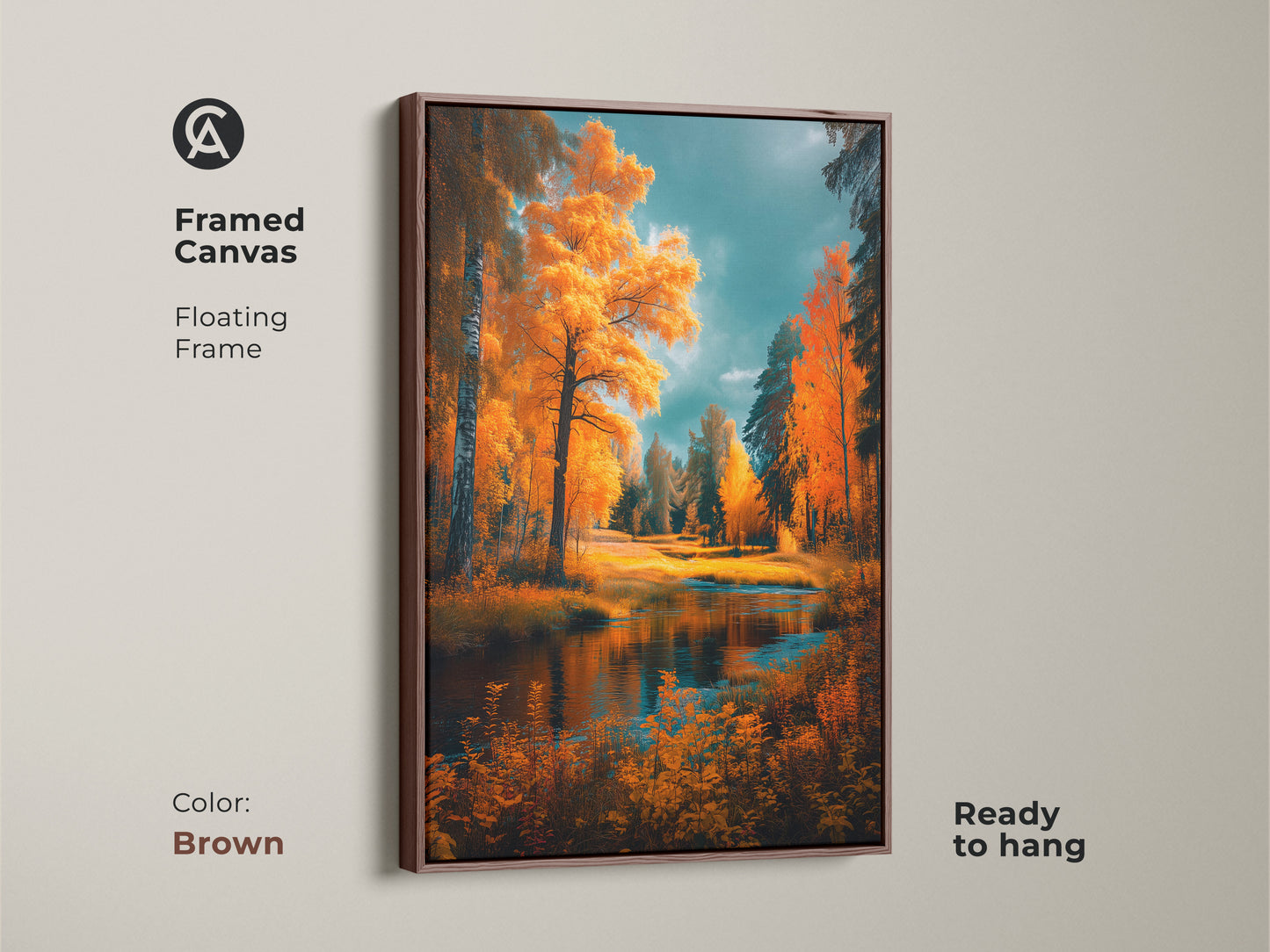 Framed canvas art featuring a captivating autumn forest scene. The brown floating frame complements the warm tones of the golden trees and water. This ready-to-hang artwork adds a touch of nature to your decor. Browse our selection of framed landscape art.
