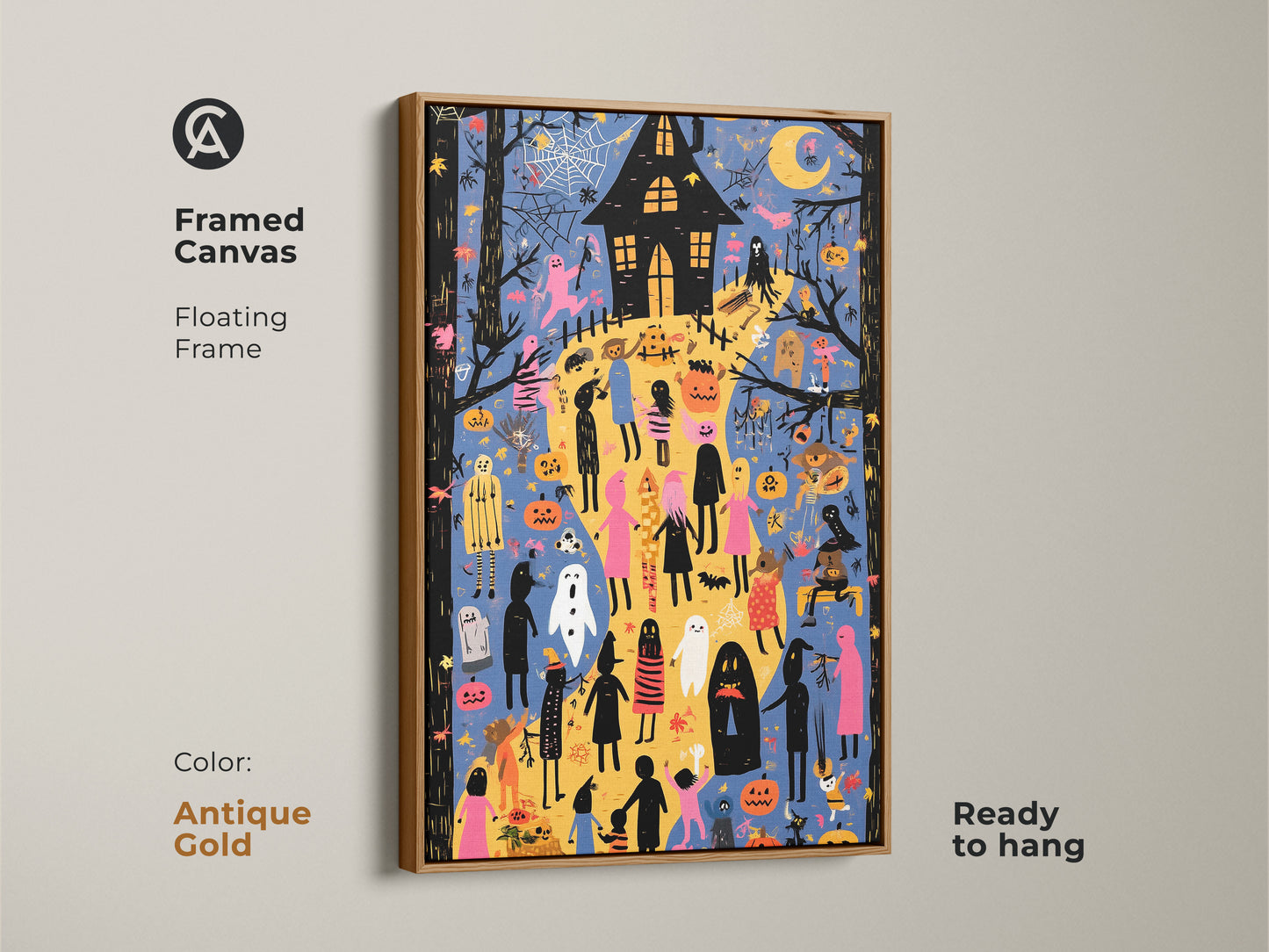 Antique Gold Framed Halloween Art. This canvas features a haunted house pumpkin patch with ghosts in an eclectic style. The vibrant blue orange and yellow tones enhance this spooky scene. The artwork brings Halloween charm to any room. Add this framed canvas to your festive wall decor.