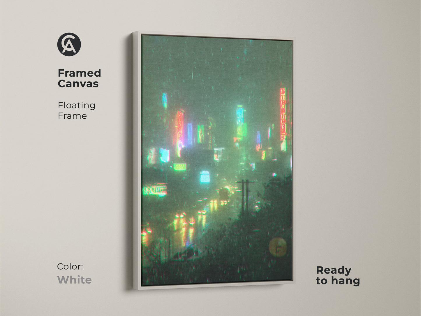 Framed canvas artwork with a floating frame. The white frame provides a clean and modern look. The artwork is ready to hang and brightens any space. The neon lights reflect on the wet streets. A versatile piece for any art collection.