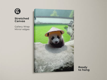 Stretched Canvas of Baby Panda Wall Art. This cute nursery decor print shows a panda with a hat. It is photorealistic animal artwork. A new baby gift idea. Animal nature wall decor.