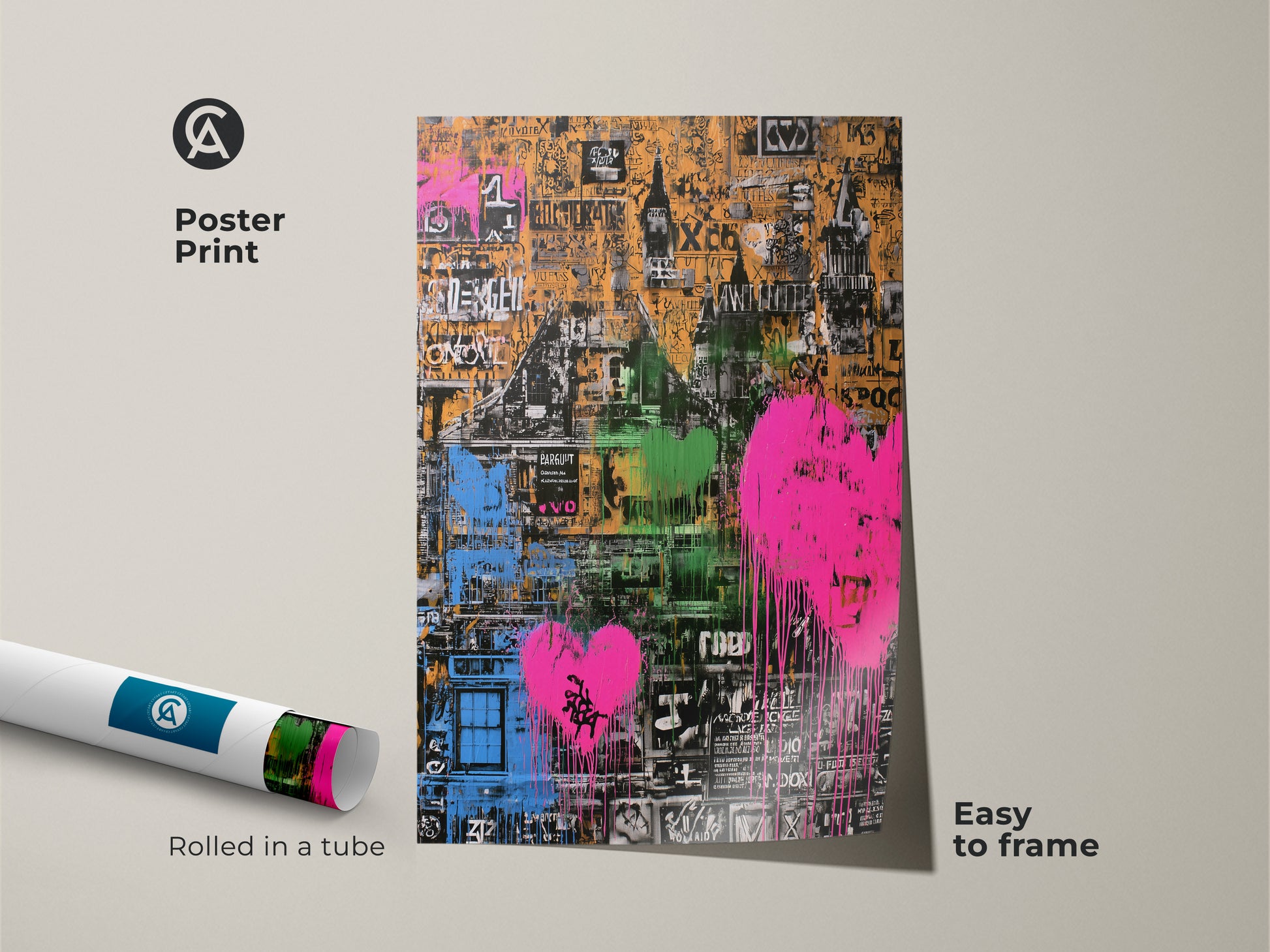 Abstract urban street art print rolled in a tube. The graffiti heart cityscape features orange pink and green hues. Easy to frame as a poster. Ideal for eclectic home decor. A unique and vibrant wall art gift for city enthusiasts.