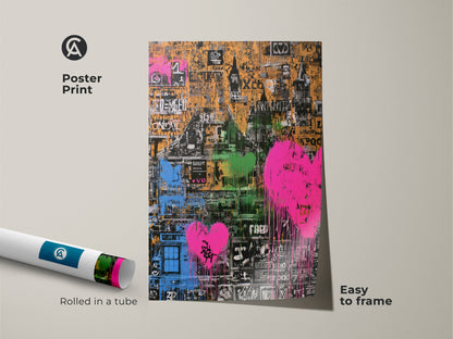 Abstract urban street art print rolled in a tube. The graffiti heart cityscape features orange pink and green hues. Easy to frame as a poster. Ideal for eclectic home decor. A unique and vibrant wall art gift for city enthusiasts.