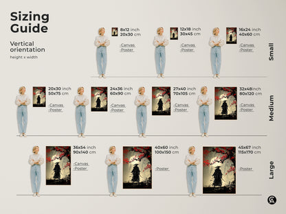 Sizing guide for vertical samurai warrior canvas and poster prints. Find small medium and large sizes. Dimensions range from 8x12 to 45x67 inches. The Ukiyo-e style painting fits any space. The red blossom art print enhances your home. Perfect for study room or office art.