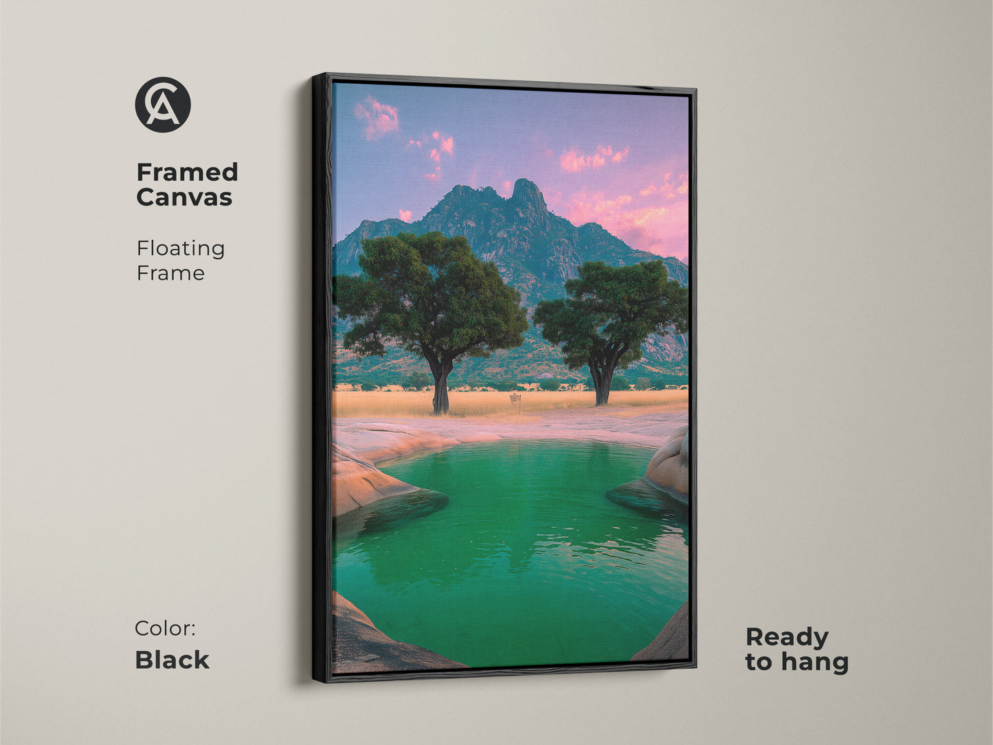 Framed Canvas with a floating frame showcasing African Savanna artwork. The mountain landscape print highlights a green oasis. This travel themed artwork suits eclectic home decorating. The safari scene canvas decor is ready to hang.