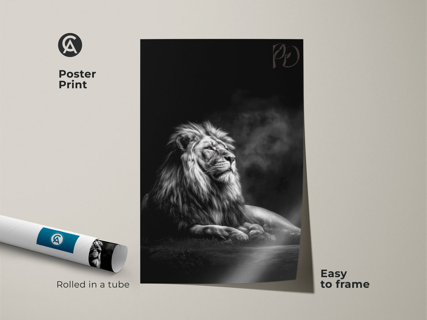 Monochrome lion poster print rolled and ready to frame. This wildlife wall decor captures the powerful presence of a regal lion. An easy way to bring sophisticated black and white animal art to your home.