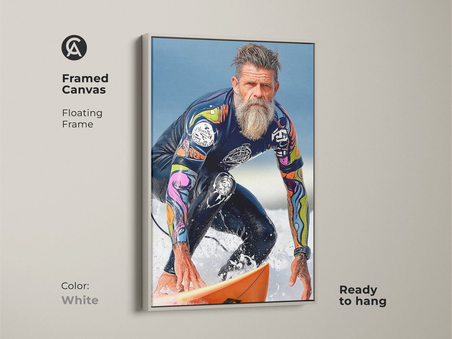 A white framed canvas shows vintage surfer wall artwork ready to hang. The art print features a surfer riding a wave. It is a modern realism piece for man cave decor. Ocean action is a gift for surfers.