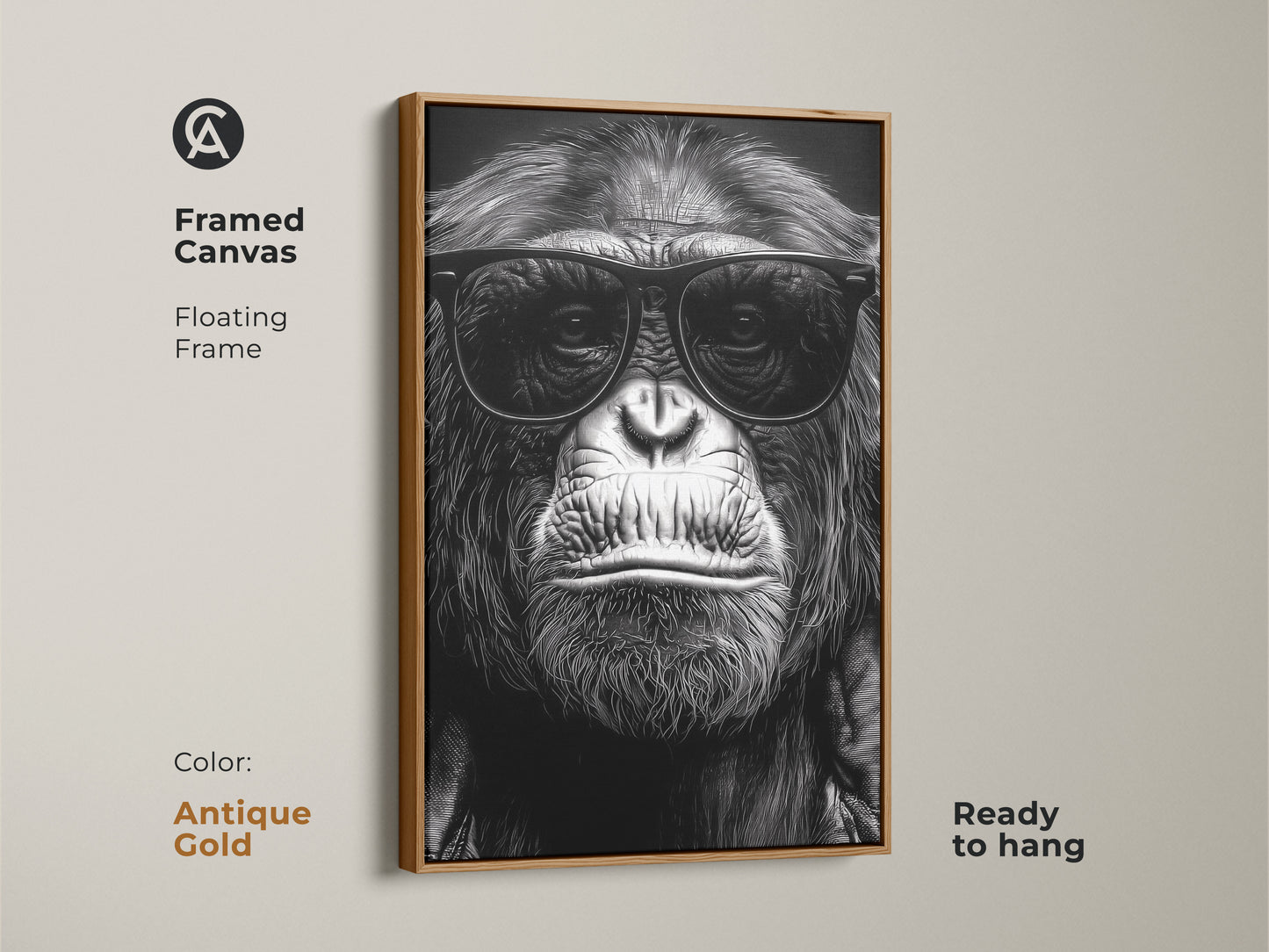 A framed canvas features a chimpanzee wearing sunglasses. The antique gold floating frame enhances this monochrome gorilla art. It's ready to hang for study room or office decor. Perfect eclectic animal art for an animal lover gift. This primate portrait is a unique wall hanging.