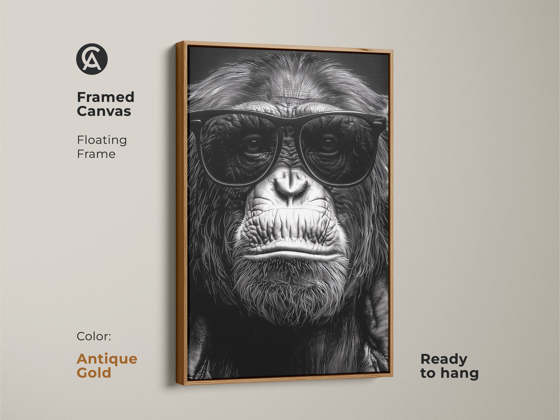 A framed canvas features a chimpanzee wearing sunglasses. The antique gold floating frame enhances this monochrome gorilla art. It's ready to hang for study room or office decor. Perfect eclectic animal art for an animal lover gift. This primate portrait is a unique wall hanging.