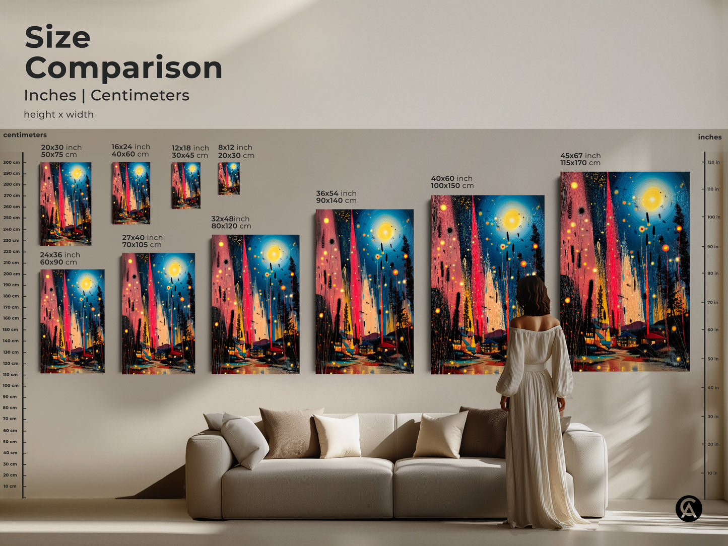 Size comparison displays abstract teal and pink landscape art. The village night scene print is shown in various sizes both inches and centimeters. This offers a nature lover housewarming gift idea.