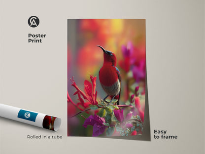 Poster print of an Exotic Red Sunbird. The vibrant colors and photorealistic style make it a stunning piece. This bird on flower artwork is easy to frame. Perfect for nature lovers seeking unique home decor.