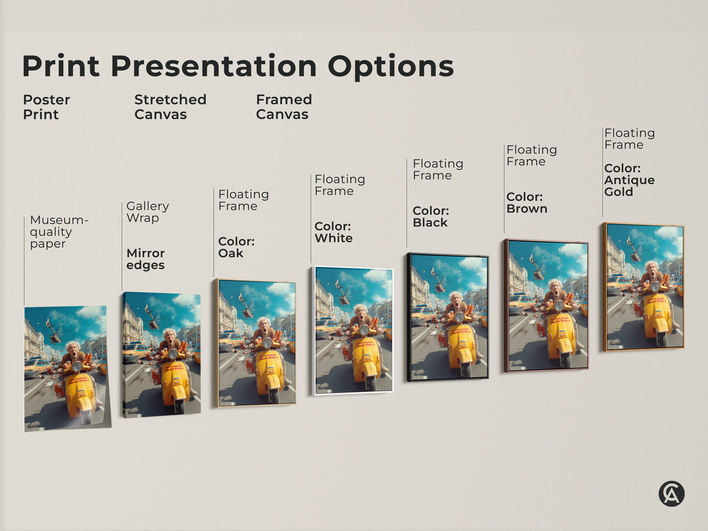 This image displays art print presentation options including poster print stretched canvas and framed canvas. Each showcases an elderly woman on a scooter. They are all eclectic blue and yellow artwork variations.