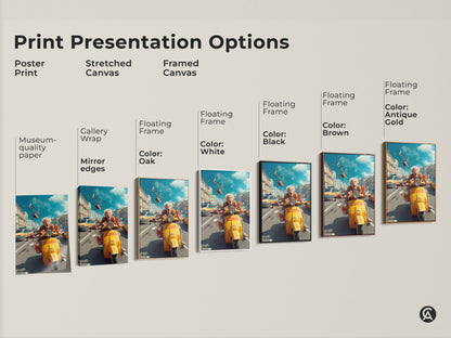 This image displays art print presentation options including poster print stretched canvas and framed canvas. Each showcases an elderly woman on a scooter. They are all eclectic blue and yellow artwork variations.