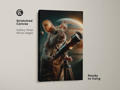 A stretched canvas print of a curious mouse holding a telescope. This space exploration artwork features gallery wrapped edges. The unique stargazer birthday gift has earthy brown gold tones and subtle dark teal accents. It's ready to hang and perfect for office or study room decor.