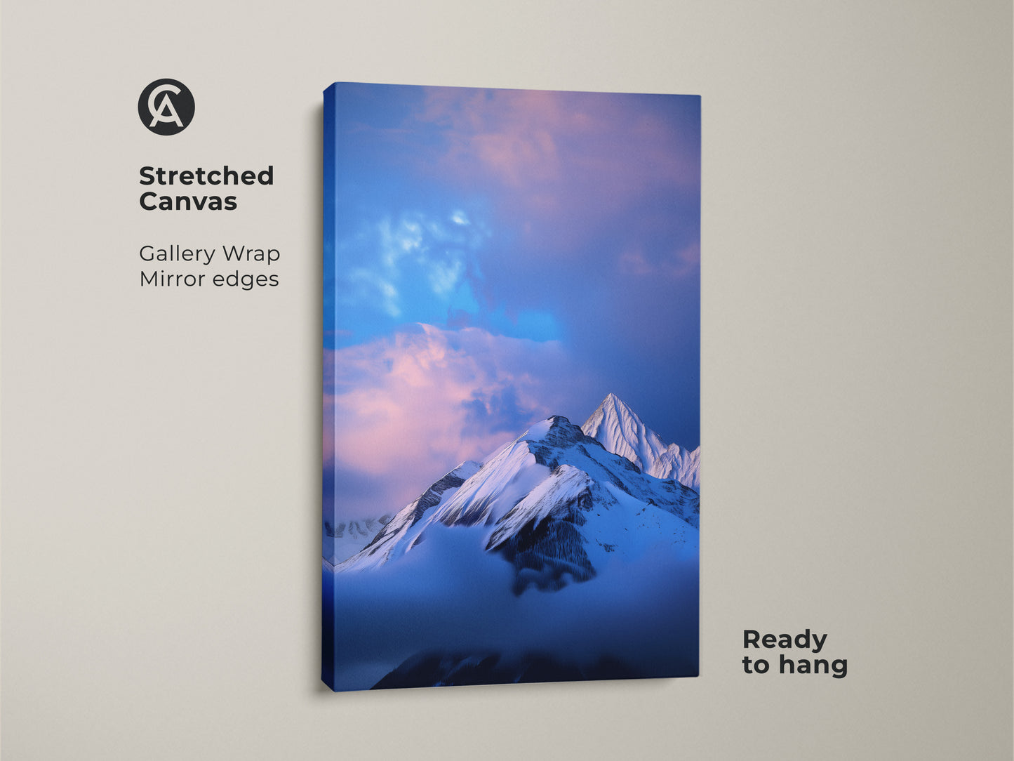 Stretched canvas print of a snowy mountain under a winter sky. The gallery wrap has mirrored edges. This blue nature art is ready to hang. Ideal for modern bedroom wall decor. A gift for hikers.