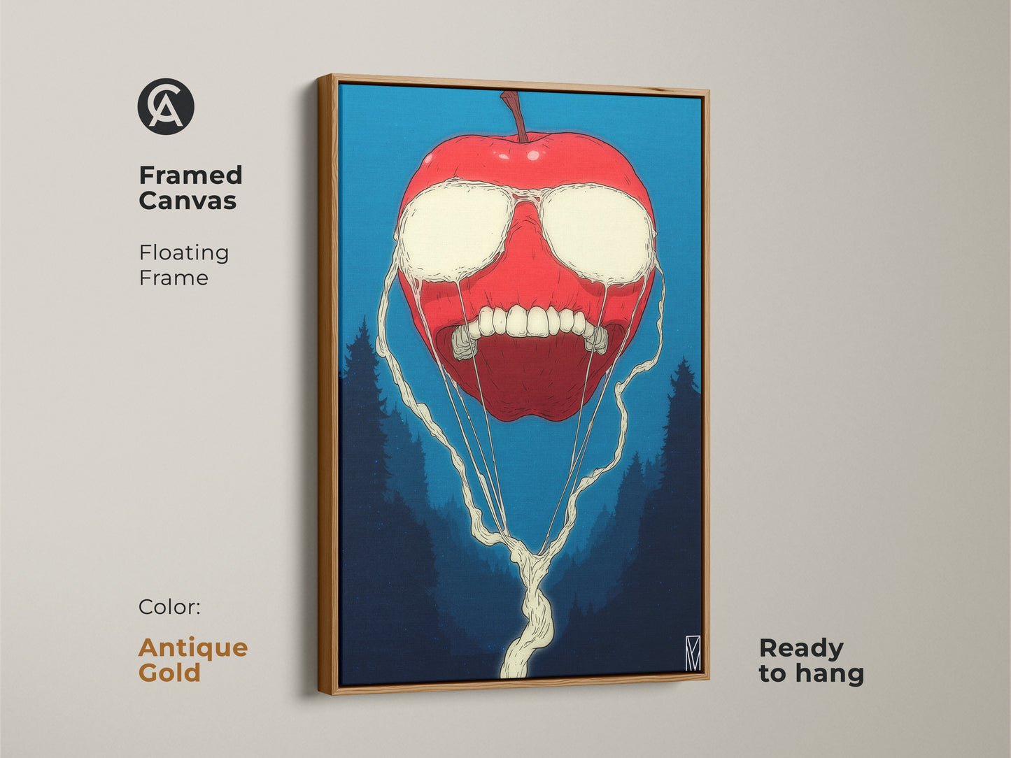 Framed canvas art of a surreal red apple with white liquid eyes. It has a toothy grin and dark trees in the background. The floating frame is antique gold and the art is ready to hang.