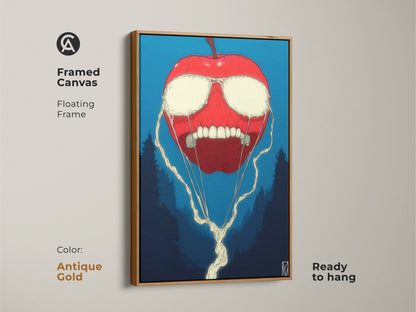 Framed canvas art of a surreal red apple with white liquid eyes. It has a toothy grin and dark trees in the background. The floating frame is antique gold and the art is ready to hang.