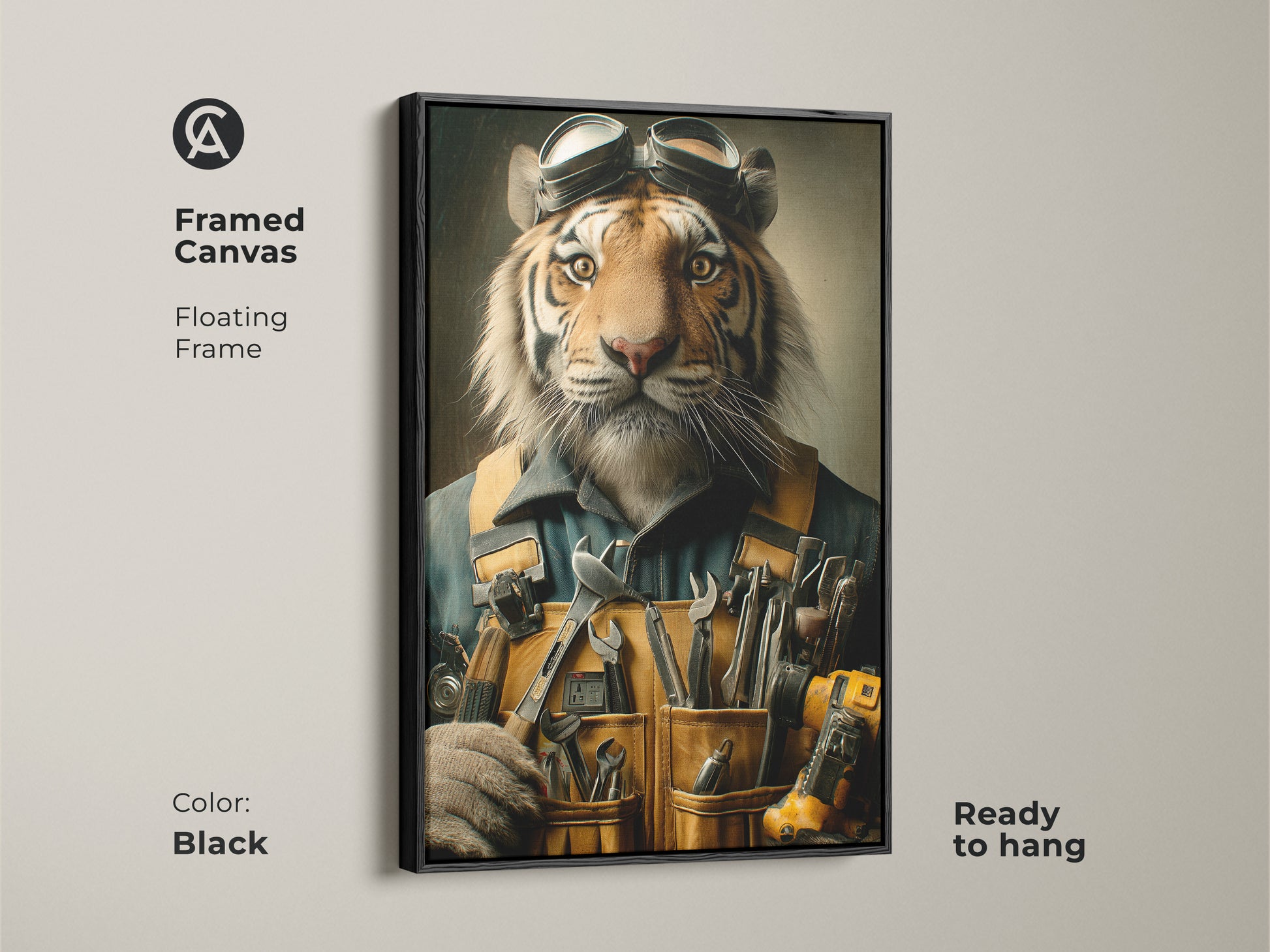 Framed in black this canvas print showcases a tiger as a mechanic. The anthropomorphic animal art is ready to hang with a floating frame. Its surrealist style makes it a unique addition to any home or workplace. The orange yellow and brown palette complements the eclectic artwork.