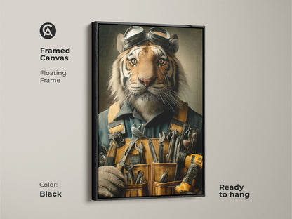 Framed in black this canvas print showcases a tiger as a mechanic. The anthropomorphic animal art is ready to hang with a floating frame. Its surrealist style makes it a unique addition to any home or workplace. The orange yellow and brown palette complements the eclectic artwork.