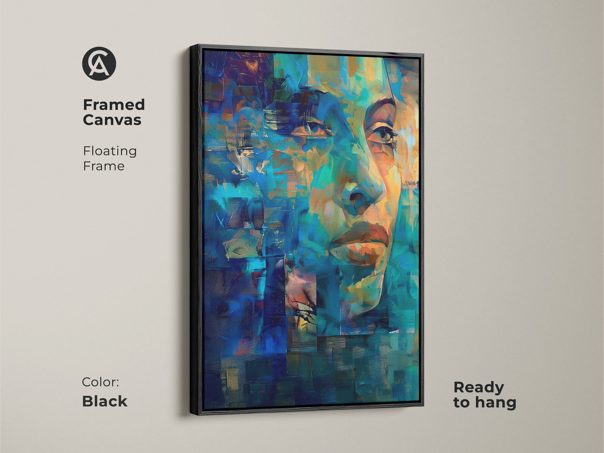 Framed canvas of a contemporary abstract portrait. This artwork features a floating black frame. The art has an expressive modern style. It's perfect for adding a sophisticated touch to any living room or office. Ready to hang.