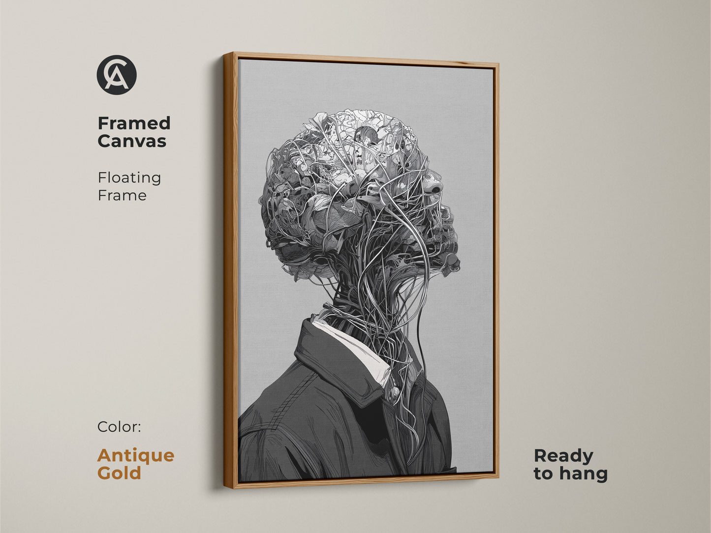 Framed canvas artwork with a floating frame. The color of the frame is antique gold. The art features a surreal botanical head. The canvas is ready to hang. This piece adds a modern touch to any space.