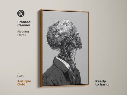 Framed canvas artwork with a floating frame. The color of the frame is antique gold. The art features a surreal botanical head. The canvas is ready to hang. This piece adds a modern touch to any space.