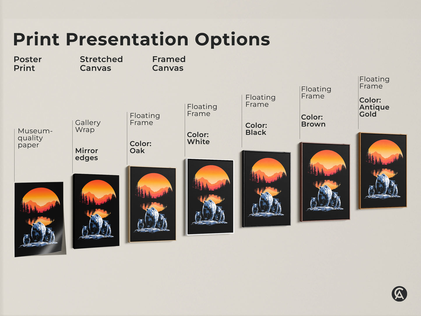 Print presentation options include poster print stretched canvas and framed canvas. The bear family artwork with sunset and mountain landscape offers gallery wrap museum quality paper and floating frame options in various colors for perfect wall art.