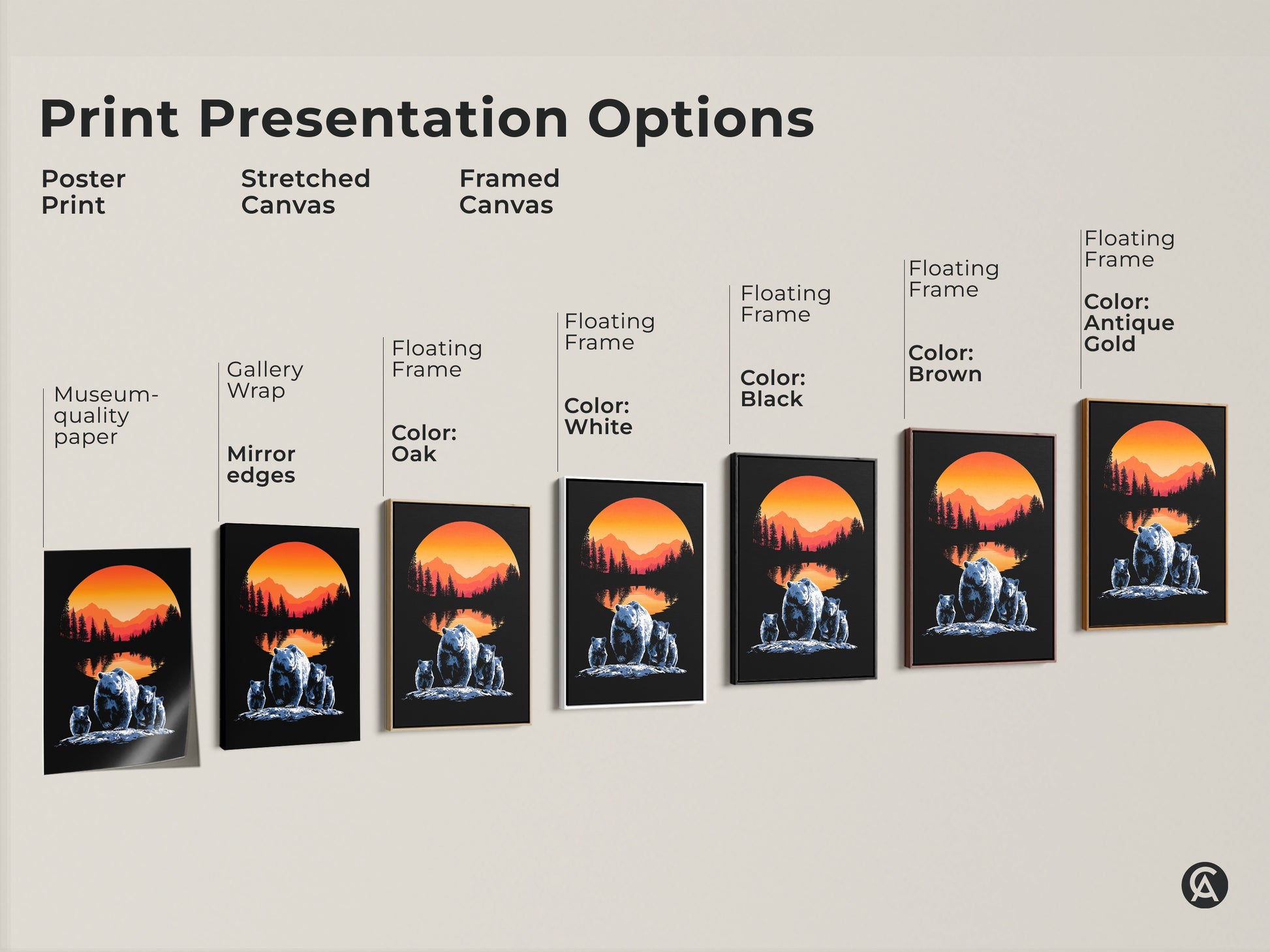 Print presentation options include poster print stretched canvas and framed canvas. The bear family artwork with sunset and mountain landscape offers gallery wrap museum quality paper and floating frame options in various colors for perfect wall art.