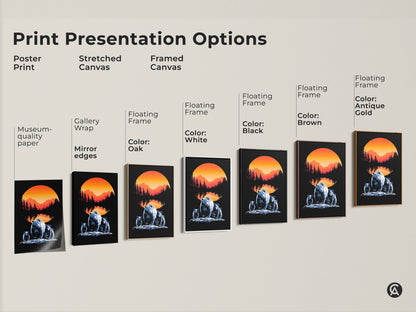 Print presentation options include poster print stretched canvas and framed canvas. The bear family artwork with sunset and mountain landscape offers gallery wrap museum quality paper and floating frame options in various colors for perfect wall art.