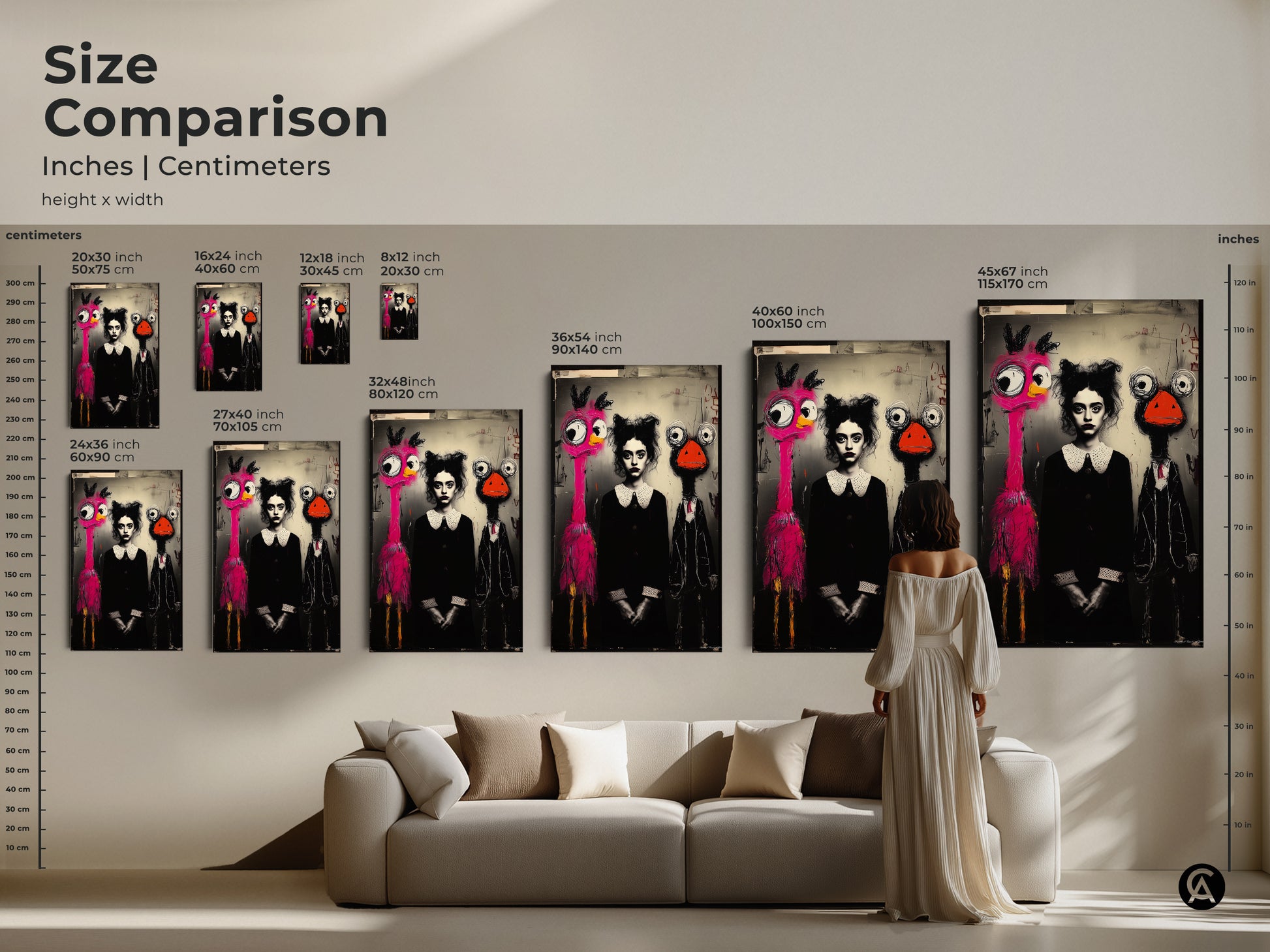 Size comparison of surreal wall art. The artwork features a pink flamingo and ostrich character. Sizes are shown in inches and centimeters. Perfect for eclectic or modern decor. This whimsical artwork is a great gift for art lovers. The black white and pink colors add a unique touch.