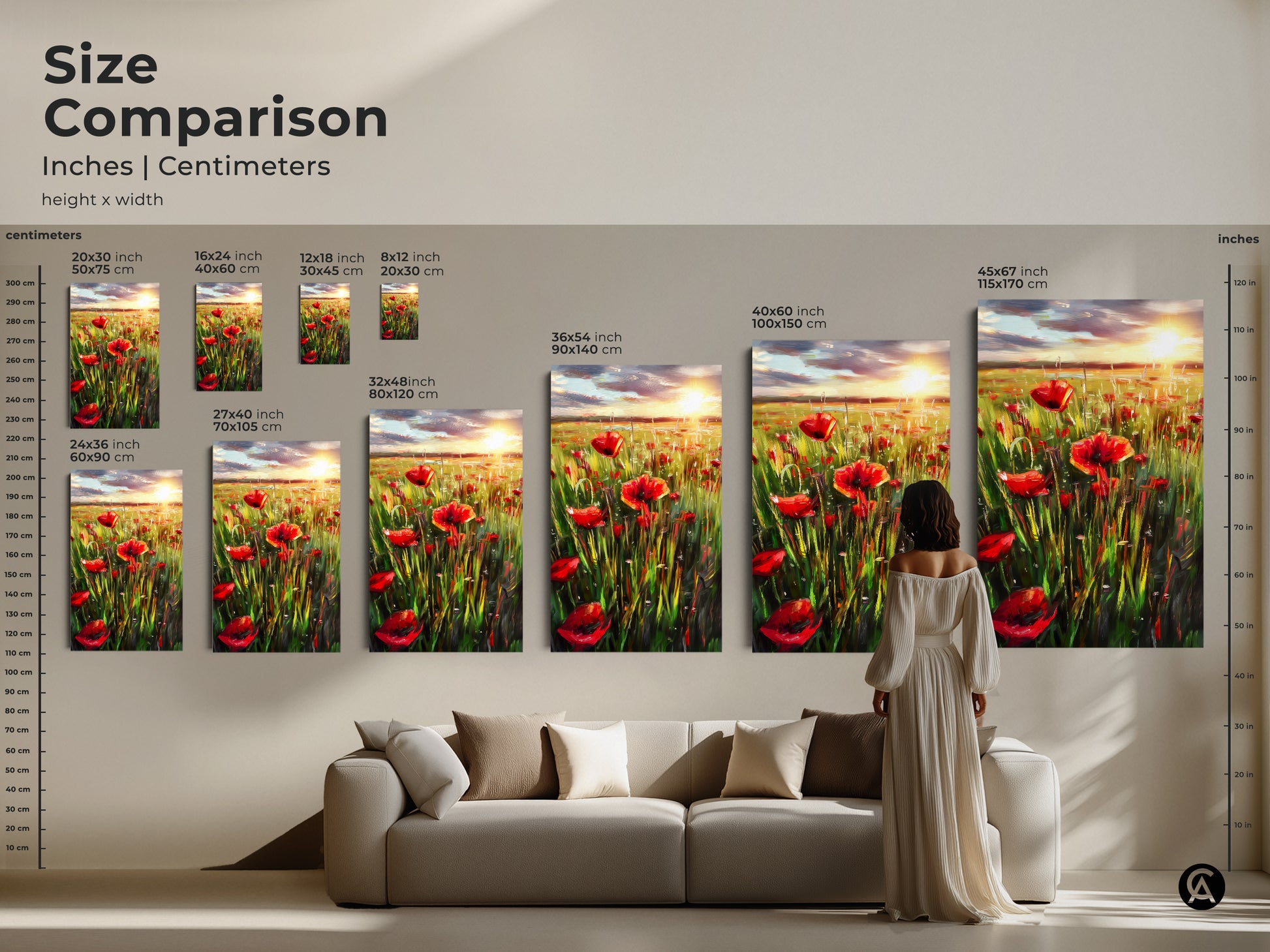 Size comparison of the red floral poppy field art print. See how different sizes fit above a sofa. Sizes range from 8x12 to 45x67 inches. Choose the perfect size for your boho wall decor. Bring the summer meadow into your home today.