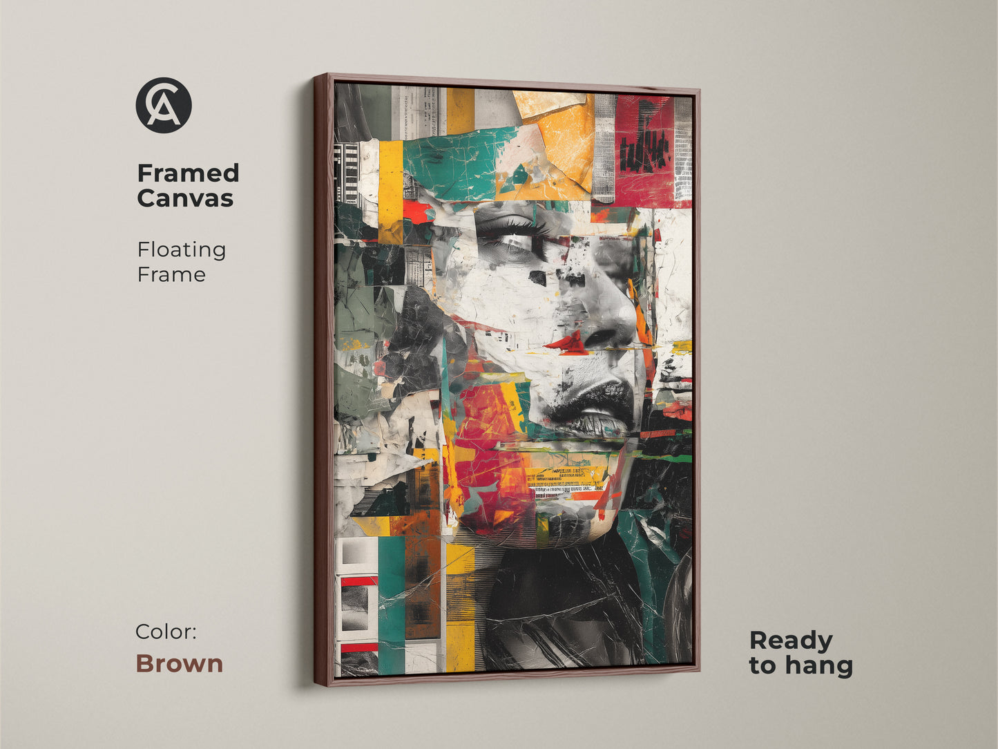 Framed canvas with a brown floating frame featuring an abstract woman face collage. Ready to hang and adds a modern touch. Eclectic red teal yellow wall art. Unique portrait artwork ideal as a gift. Geometric collage print with vibrant colors. Contemporary abstract art for home or office. Textured artistic face print.