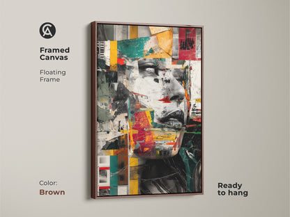 Framed canvas with a brown floating frame featuring an abstract woman face collage. Ready to hang and adds a modern touch. Eclectic red teal yellow wall art. Unique portrait artwork ideal as a gift. Geometric collage print with vibrant colors. Contemporary abstract art for home or office. Textured artistic face print.