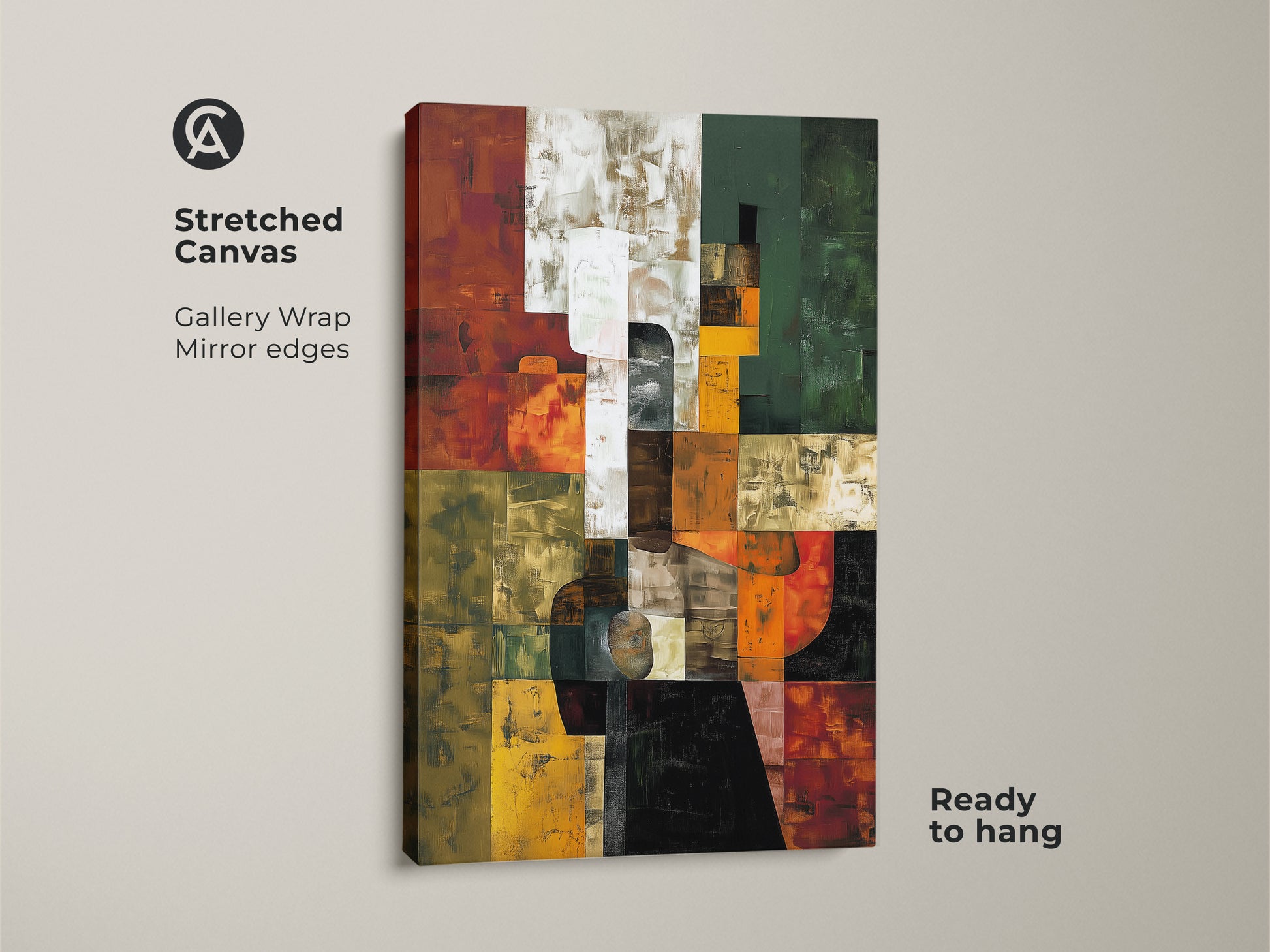 Stretched canvas abstract geometric art print ready to hang. Gallery-wrapped with mirrored edges for a seamless contemporary look. The warm terracotta orange green adds to the modern canvas.