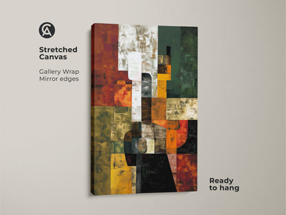 Stretched canvas abstract geometric art print ready to hang. Gallery-wrapped with mirrored edges for a seamless contemporary look. The warm terracotta orange green adds to the modern canvas.