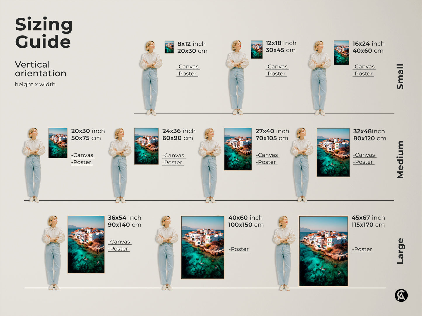 Sizing guide for coastal art prints and canvases. Find the perfect fit for your space. A turquoise water aerial seascape art adds a Mediterranean touch. Available in small medium and large sizes this travel-inspired art brings coastal charm to your home.