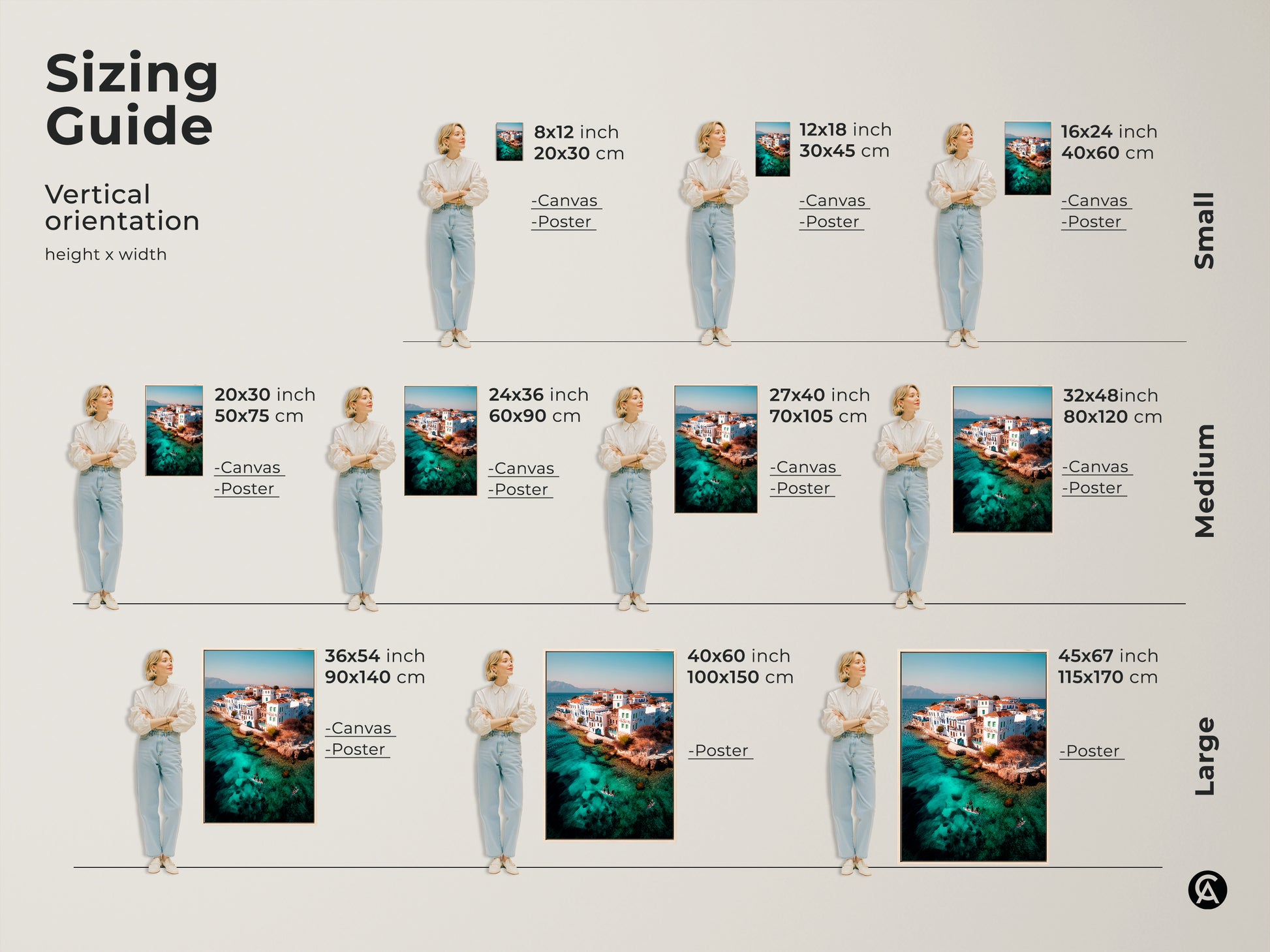 Sizing guide for coastal art prints and canvases. Find the perfect fit for your space. A turquoise water aerial seascape art adds a Mediterranean touch. Available in small medium and large sizes this travel-inspired art brings coastal charm to your home.